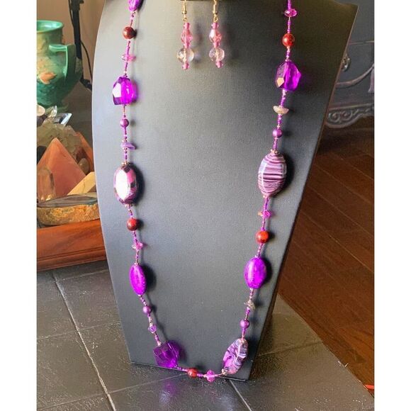 Vintage "Color Me Purple" Crystal and Cabochon Necklace set, in Silver, Unmarked - Picture 1 of 7